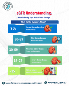 Infographic explaining eGFR levels showing stages from normal kidney function to kidney failure with visual indicators and descriptions.