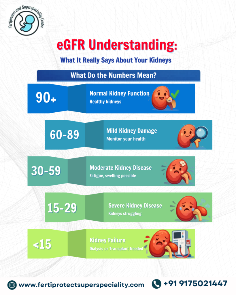 Infographic explaining eGFR levels showing stages from normal kidney function to kidney failure with visual indicators and descriptions.