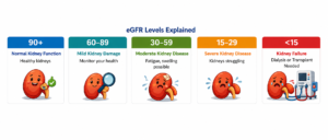 Infographic of eGFR levels showing stages from normal kidney function to kidney failure with color-coded ranges and kidney illustrations.