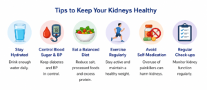 Infographic showing kidney health tips including hydration, blood pressure control, balanced diet, exercise, avoiding self-medication, and regular check-ups.