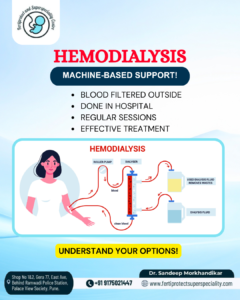Illustration explaining hemodialysis treatment and blood filtration process at a kidney care center.