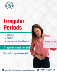 Irregular periods awareness poster with menstrual pain and PCOS symptoms information.