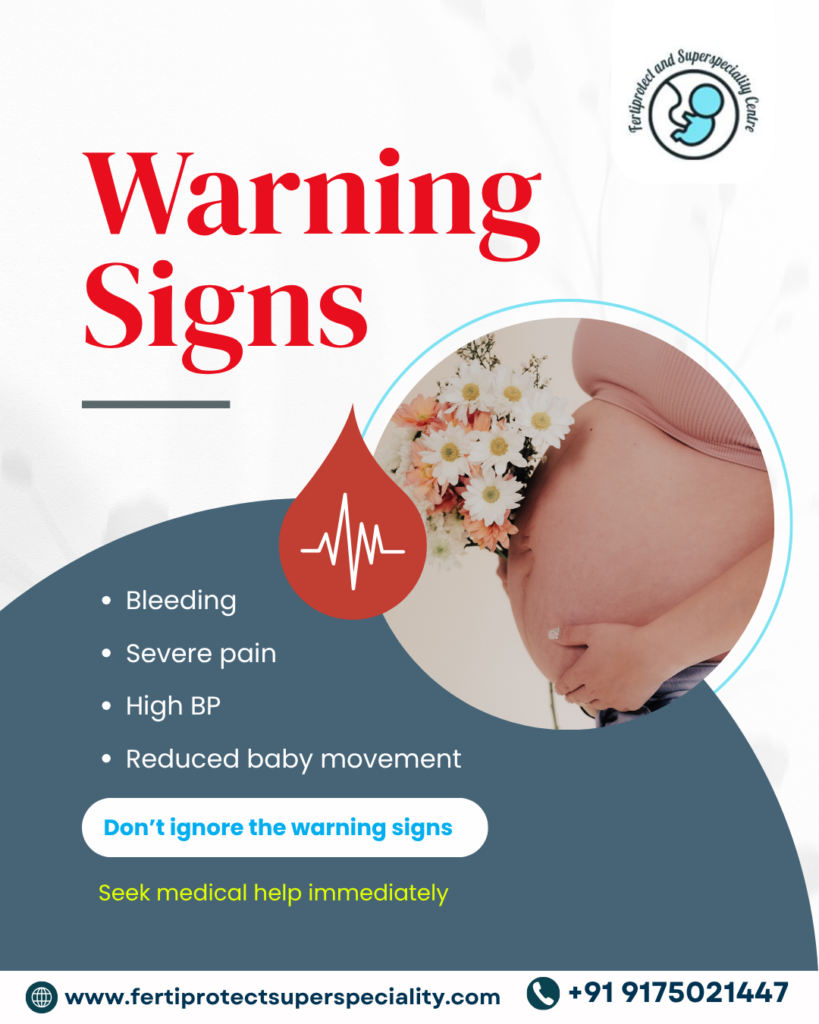 Pregnancy warning signs awareness poster with maternal healthcare information.