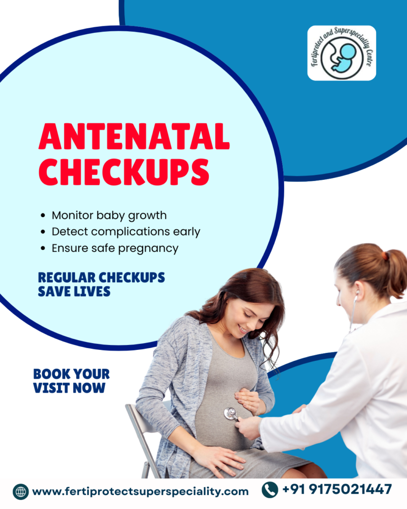 Pregnant woman receiving antenatal checkup from a doctor during prenatal care visit.