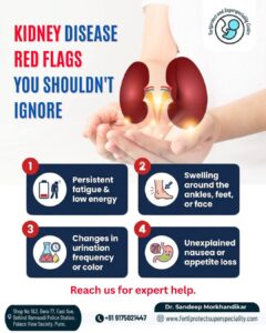 Kidney disease warning signs infographic with kidney illustration.