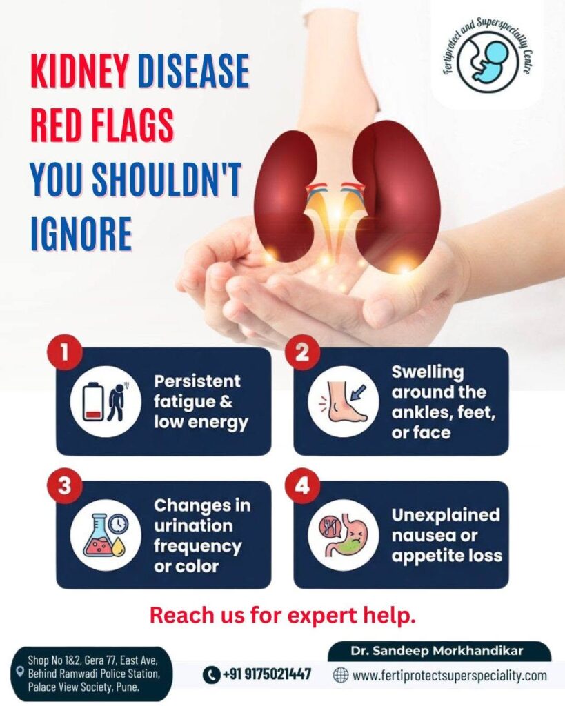 Kidney disease warning signs infographic with kidney illustration.